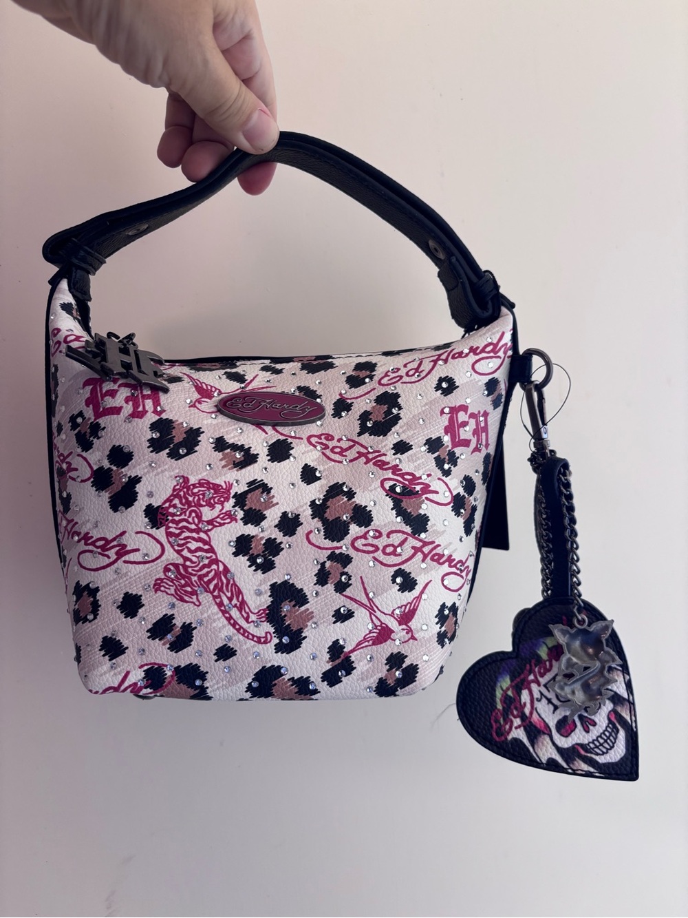 Ed Hardy Pink Leopard Print Mini Bag with Black Trim and Heart Charm